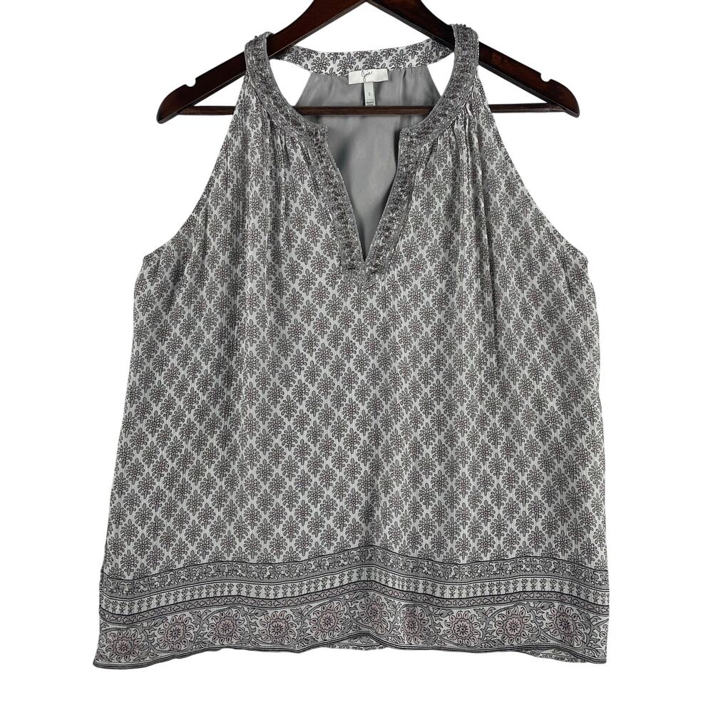 Joie Womens 100% Silk Tank Top SZ S Gray/White Floral Block Print Beaded Neck